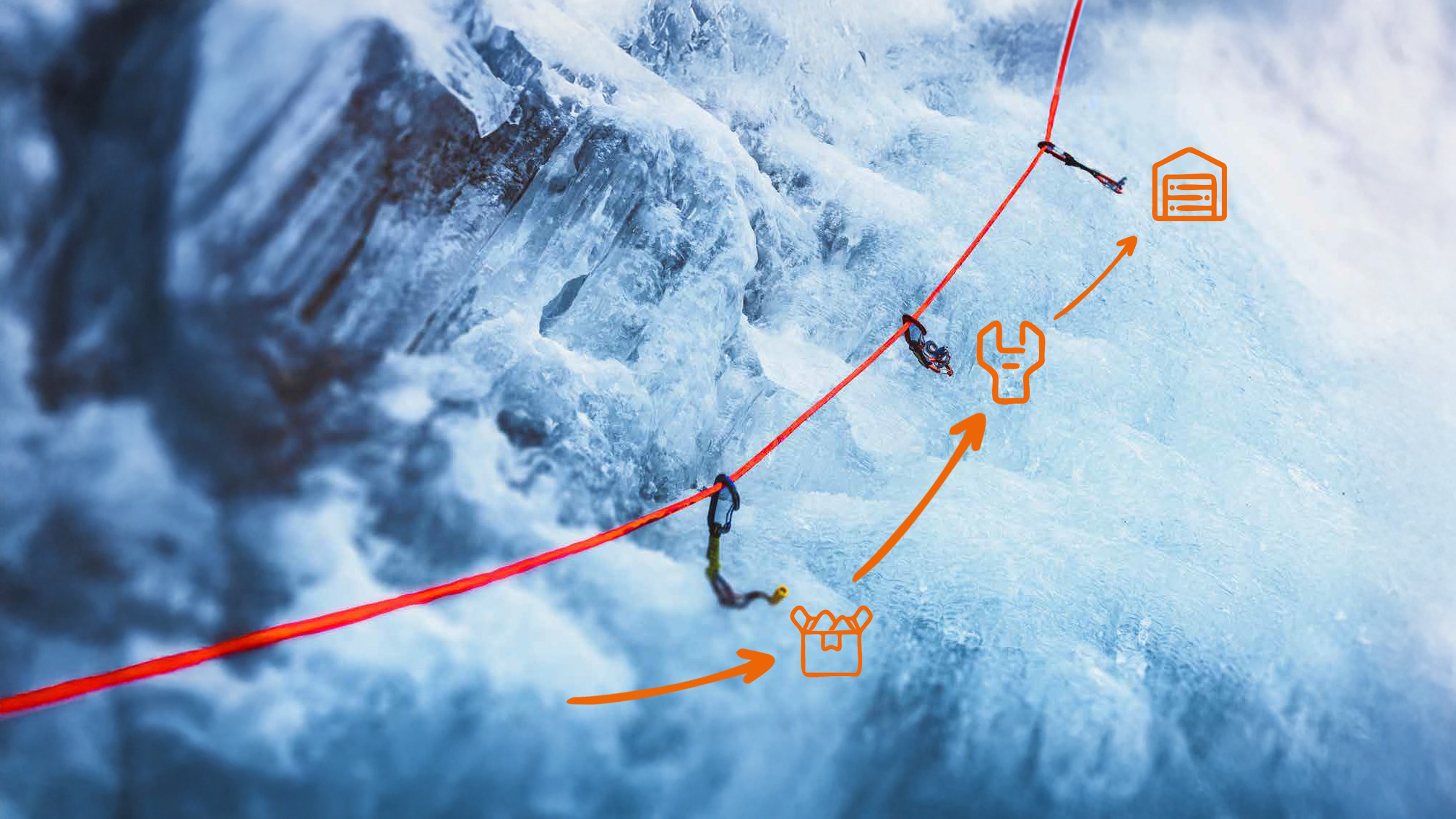 Im Vordergrund sieht man Icons, welche die Automatisierungstechnik beschreiben. Im Hintergrund sieht man eine eisige Wand auf der Kletterwerkzeug befestigt ist